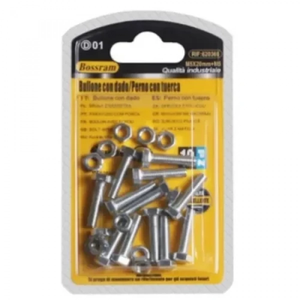 Βίδες εξάγωνες με παξιμάδι M5x20mm+M5 Σετ 12 τμχ Bossram 620366