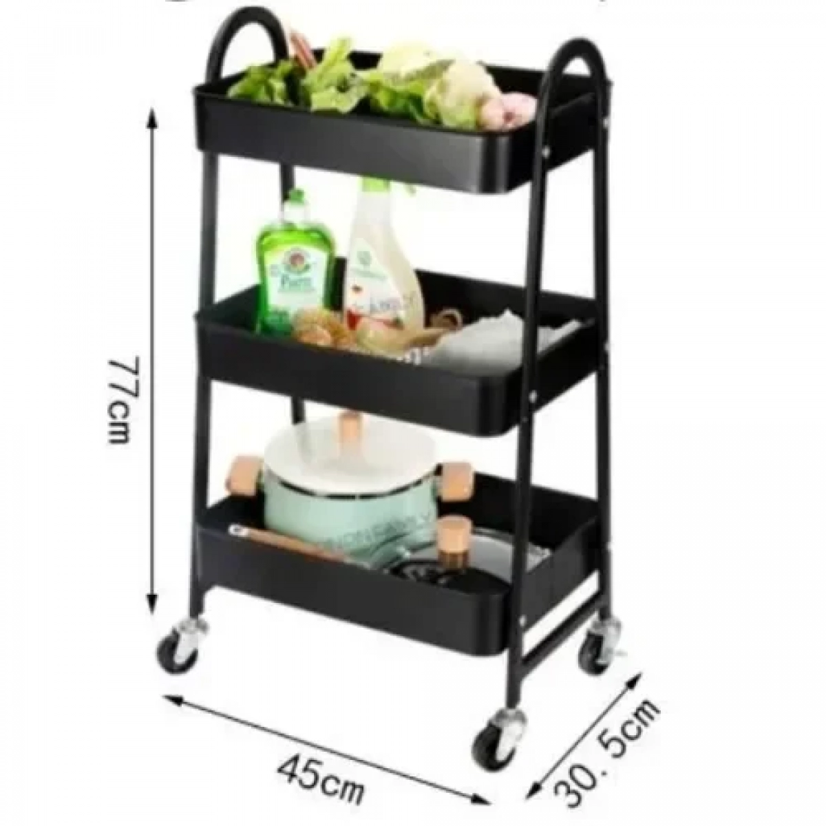 Τρόλει Κουζίνας Μεταλλικό 3 Θέσεων 45x30.5x77cm σε Μαύρο Χρώμα 21815