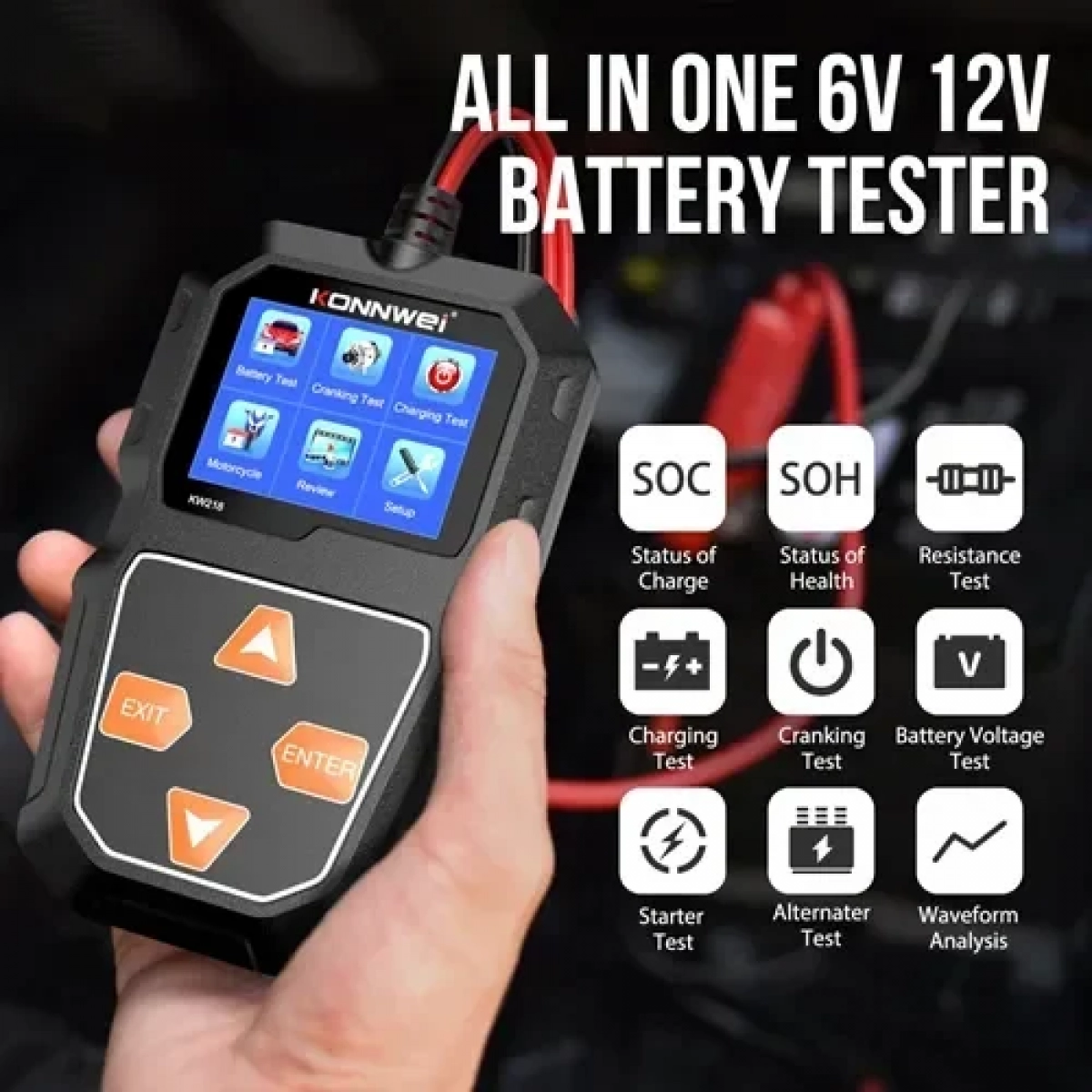 Φορητός ελεγκτής μπαταριών αυτοκινήτου 12V – ψηφιακός αναλυτής διαγνωστικό μπαταριών οχημάτων- Battery Tester Konnwei KW218 - Image 3