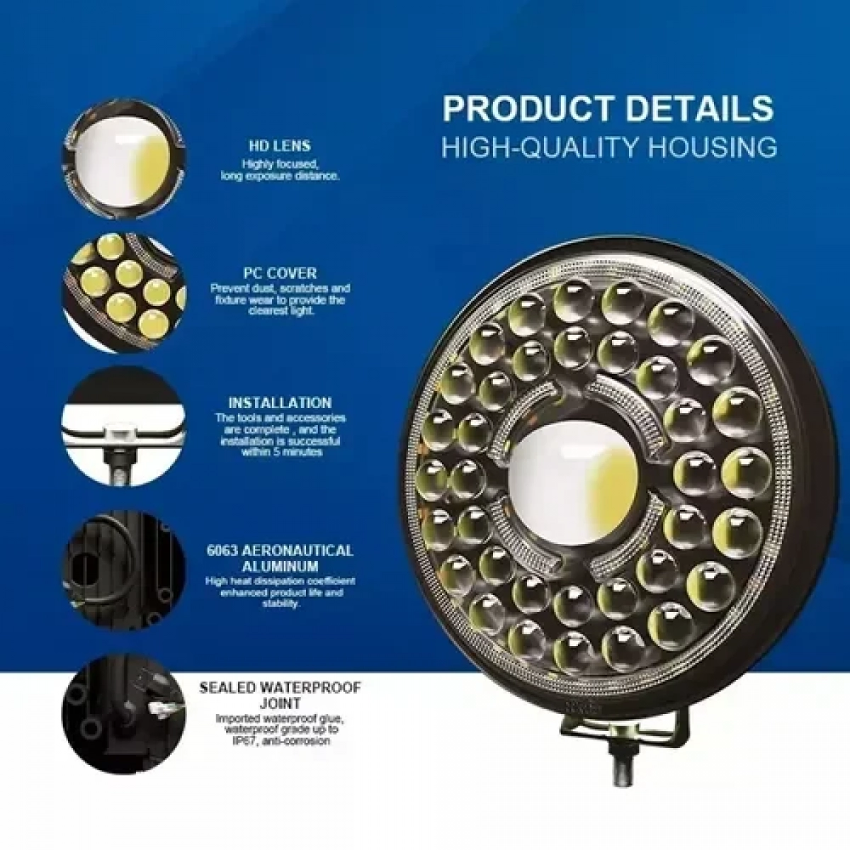 Στρογγυλός προβολέας αυτοκινήτου LED 12V 44W 18cm με λευκό φωτισμό 1τμχ Andowl Q-LED07 - Image 7