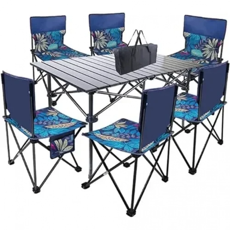 Αναδιπλούμενο Φορητό Μεταλλικό Τραπέζι Μαύρο 95x55x50cm & 6 Καρέκλες Πτυσσόμενες Floral SDS-21349