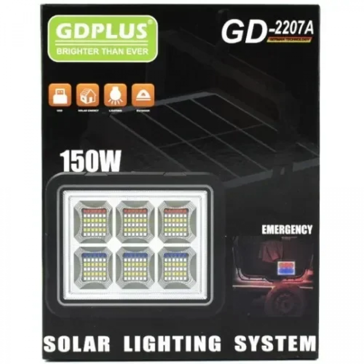 Φορητό Ηλιακό Φωτιστικό LED Λευκού Φωτισμού 150W & Κόκκινος-Μπλε Έκτακτης Ανάγκης & Powerbank 8000mAh GDPLUS GD-2207A