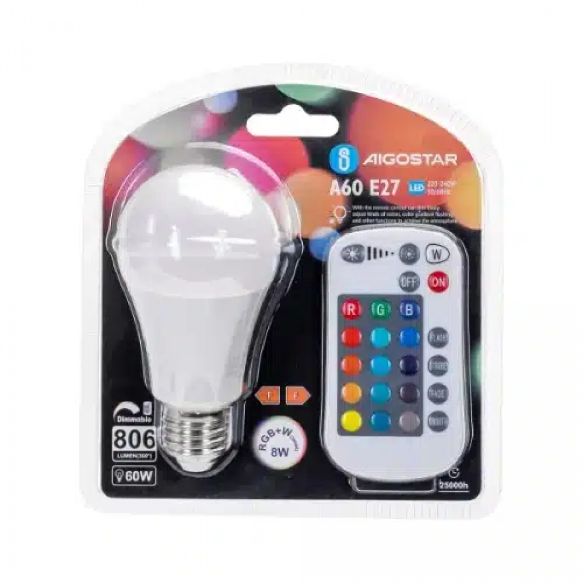 Ρυθμιζόμενη Λάμπα LED A60 E27 8W RGB+W με τηλεχειριστήριο ρύθμισης έντασης & αλλαγής 16 χρωμάτων Aigostar