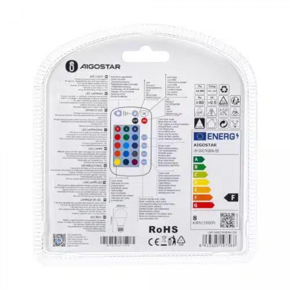 Ρυθμιζόμενη Λάμπα LED A60 E27 8W RGB+W με τηλεχειριστήριο ρύθμισης έντασης & αλλαγής 16 χρωμάτων Aigostar