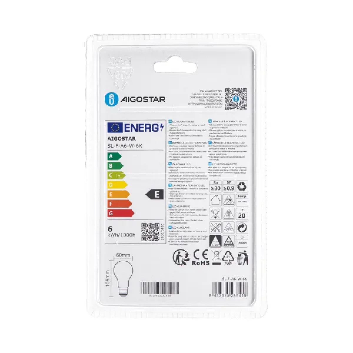 Λάμπα LED Νήματος Milky White A60 E27 6W 6500K Ψυχρό Λευκό Aigostar