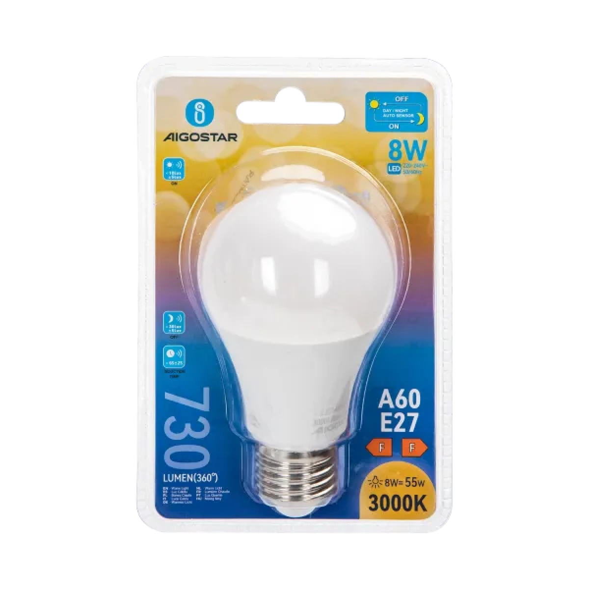 Λάμπα LED A60 E27 8W με αισθητήρα φωτός 3000K Aigostar
