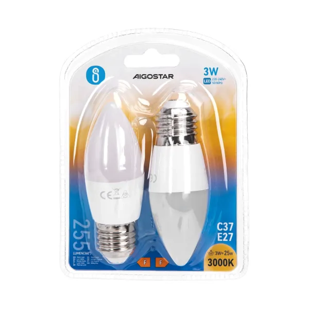 Λάμπες 2τμχ LED C37 E27 3W 3000K Aigostar