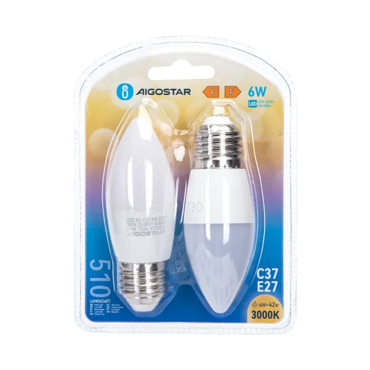 Λάμπες 2τμχ LED C37 E27 6W 3000K Aigostar