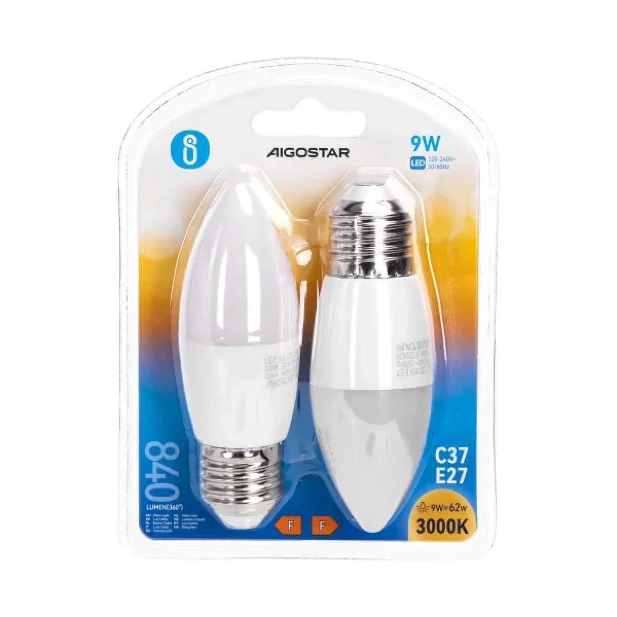 Λάμπες 2τμχ LED C37 E27 9W 3000K Aigostar