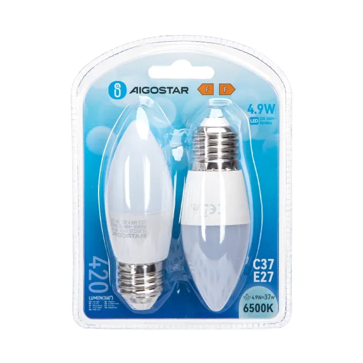 Λάμπες 2 τμχ LED C37 E27 4,9W 6500Κ Aigostar