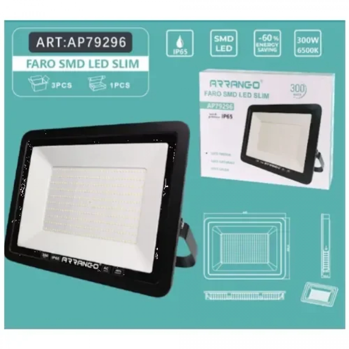 Στεγανός Προβολέας IP65 Ισχύος 300W με Φυσικό Λευκό Φως σε Μαύρο χρώμα Arrango AP79296