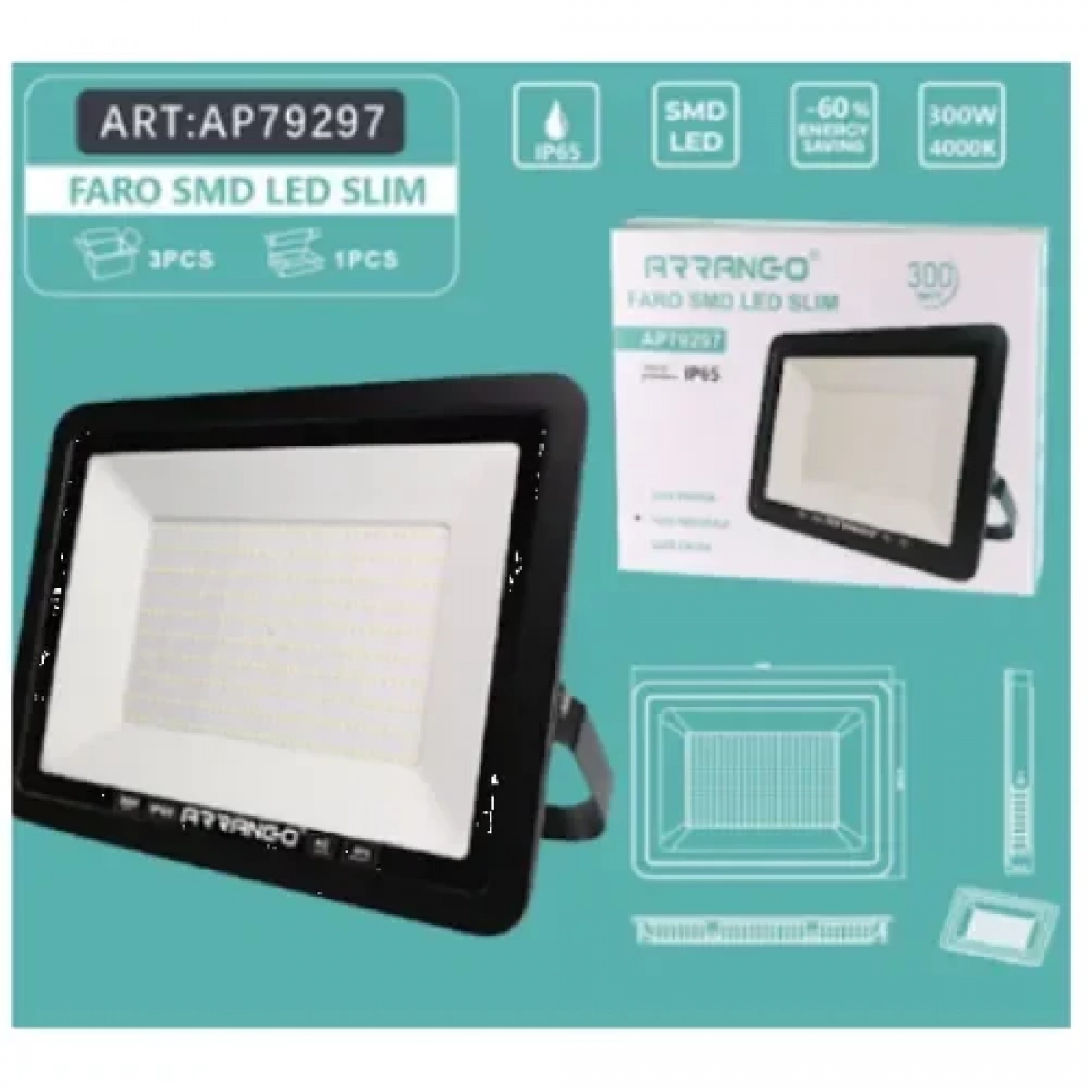 Αδιάβροχος IP65 LED SMD Προβολέας 300W Φυσικού Λευκού Φωτισμού 4000K Arrango AP79297