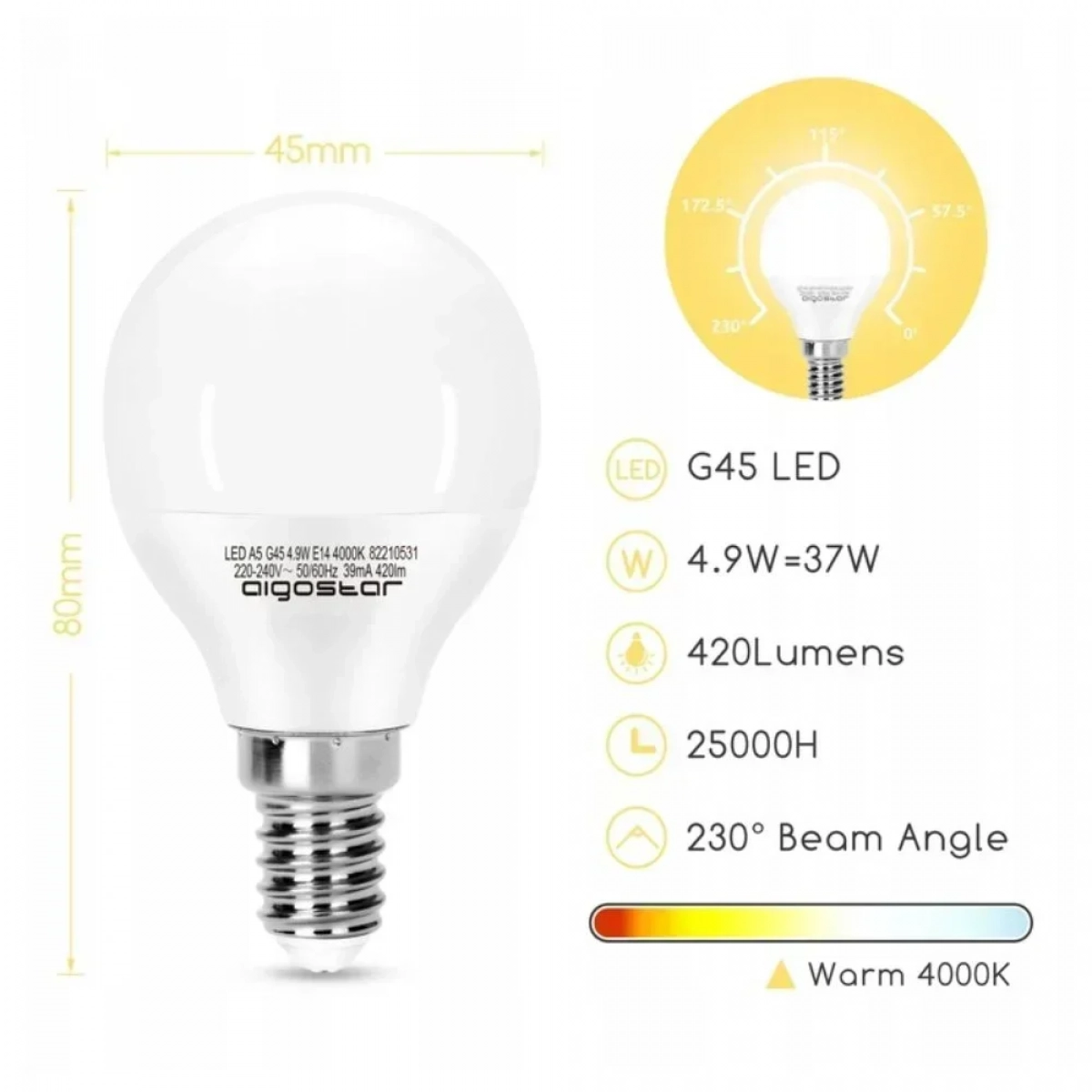 Λάμπα LED G45 E14 4,9W 4000Κ Aigostar