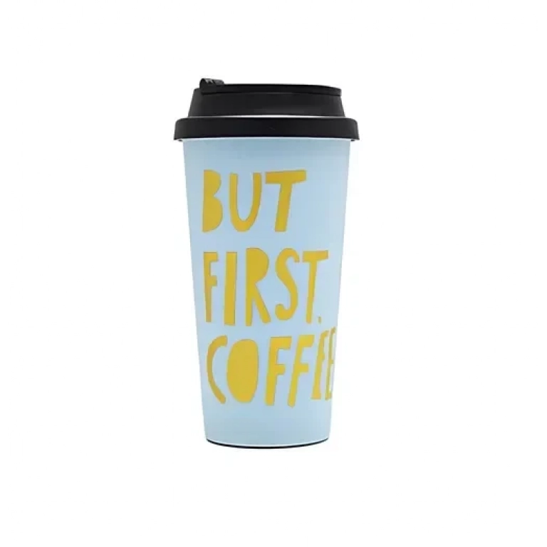 Ποτήρι πλαστικό με καπάκι 450ml 22x5.8cm But First Coffee 21239 - γαλάζιο