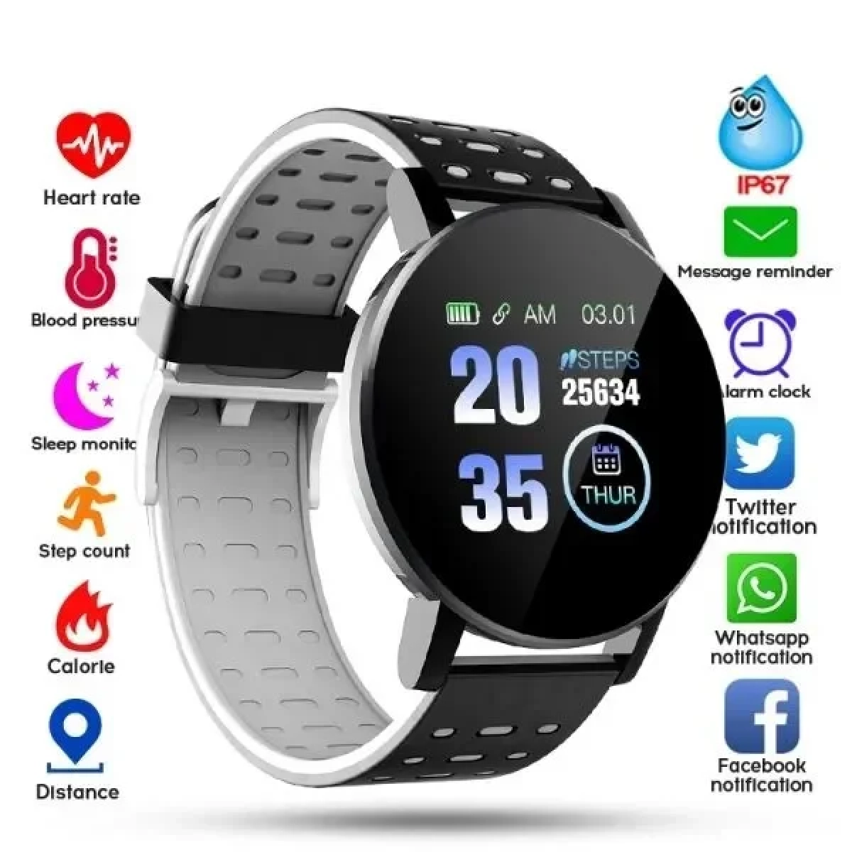 119 Plus Smart Bracelet IP65 Waterproof Fitness Tracker Pedometer Fitness Tracker Smartwatch, σε μαύρο Γκρι Χρώμα