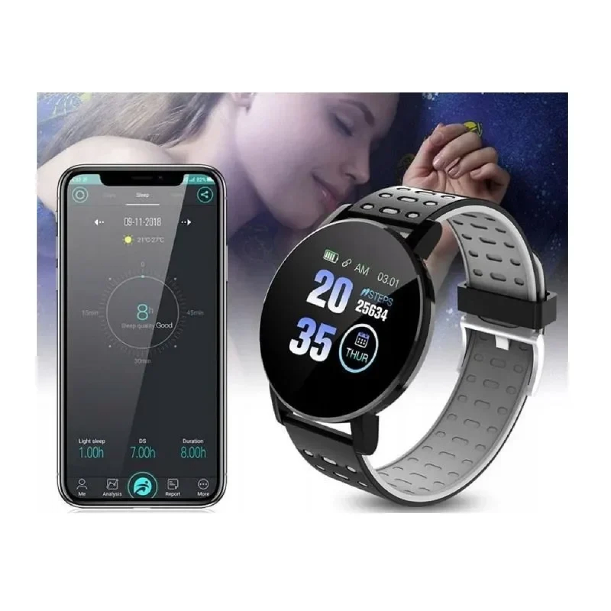 119 Plus Smart Bracelet IP65 Waterproof Fitness Tracker Pedometer Fitness Tracker Smartwatch, σε μαύρο Γκρι Χρώμα