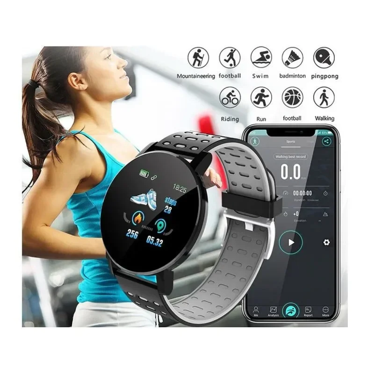 119 Plus Smart Bracelet IP65 Waterproof Fitness Tracker Pedometer Fitness Tracker Smartwatch, σε μαύρο Γκρι Χρώμα