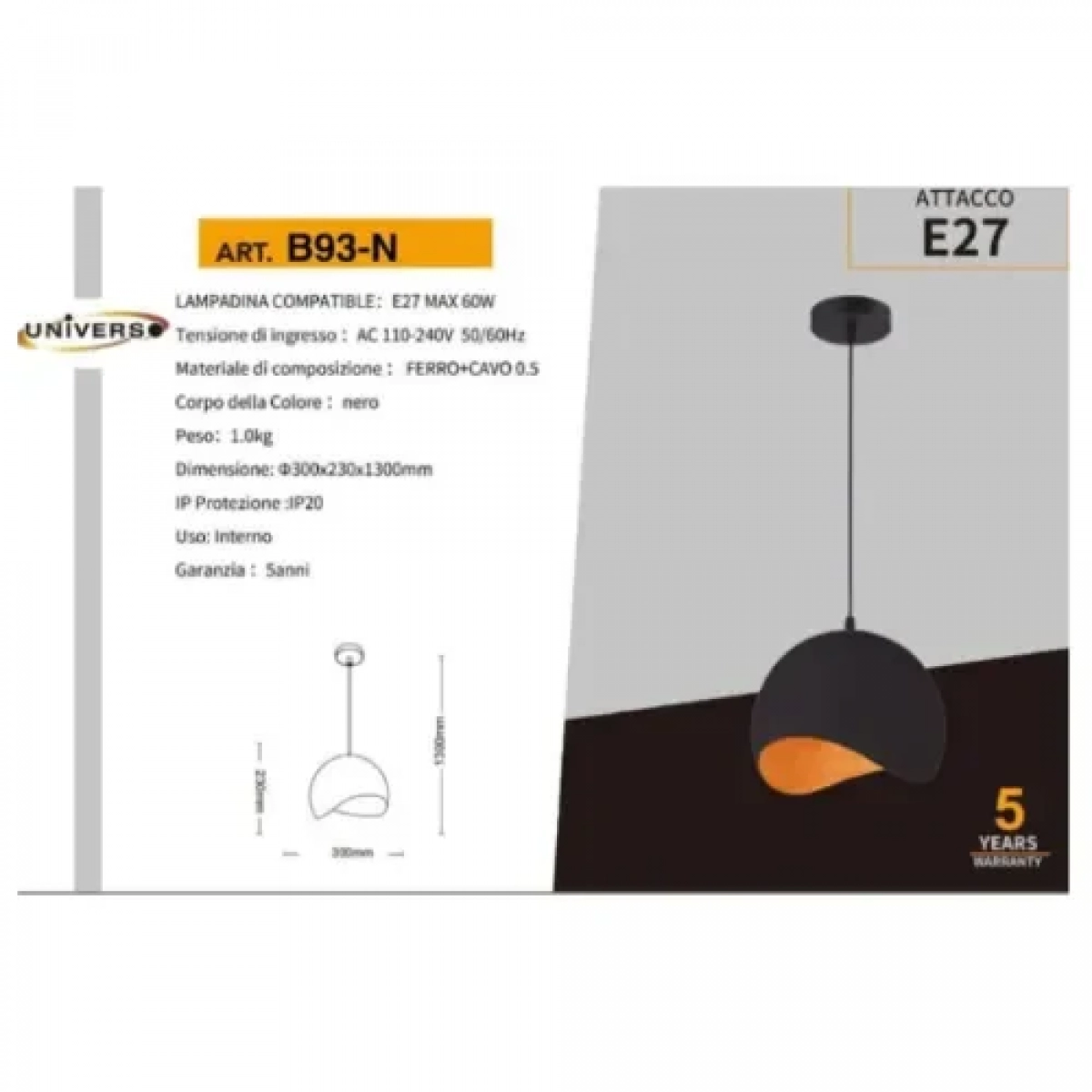 Φωτιστικό Οροφής Κρεμαστό E27 110-240V 60W ∅300x230x1300mm Universo B93-B Μαύρο