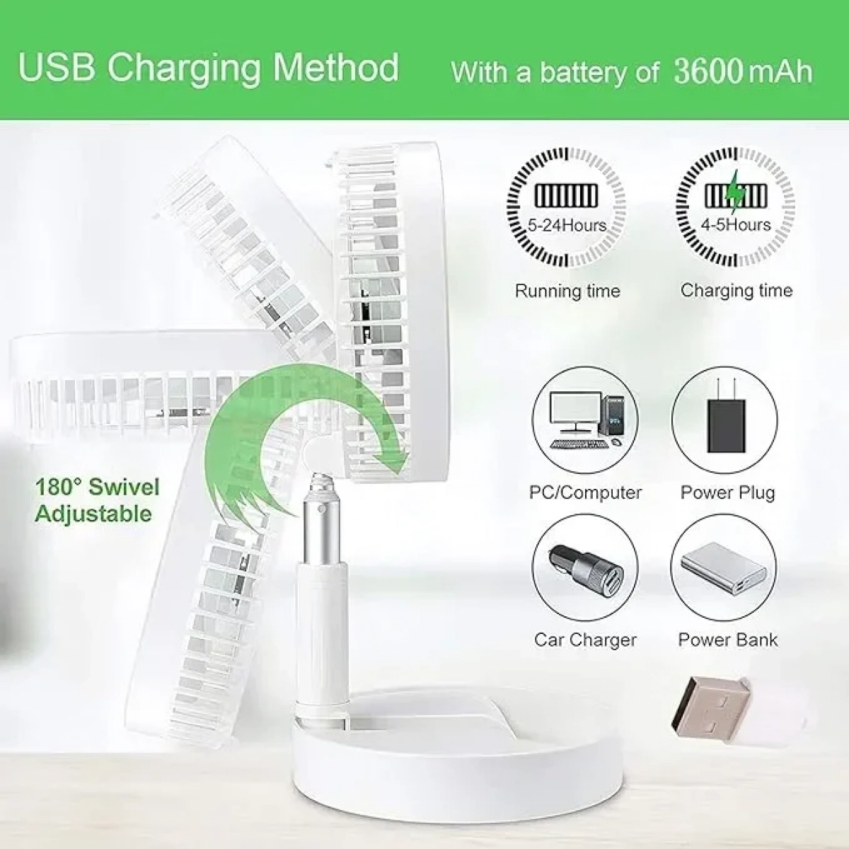 Τηλεσκοπικός USB Επαναφορτιζόμενος Ανεμιστήρας Μεταβλητού Ύψους - Folding Mini Fan Λευκό