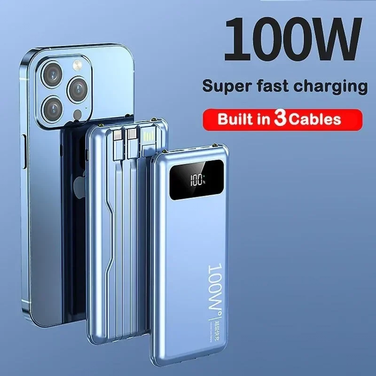 Power Bank 100w 20000mah Super Fast Charger με ενσωματωμένο καλώδιο TM-A109 Μπλε