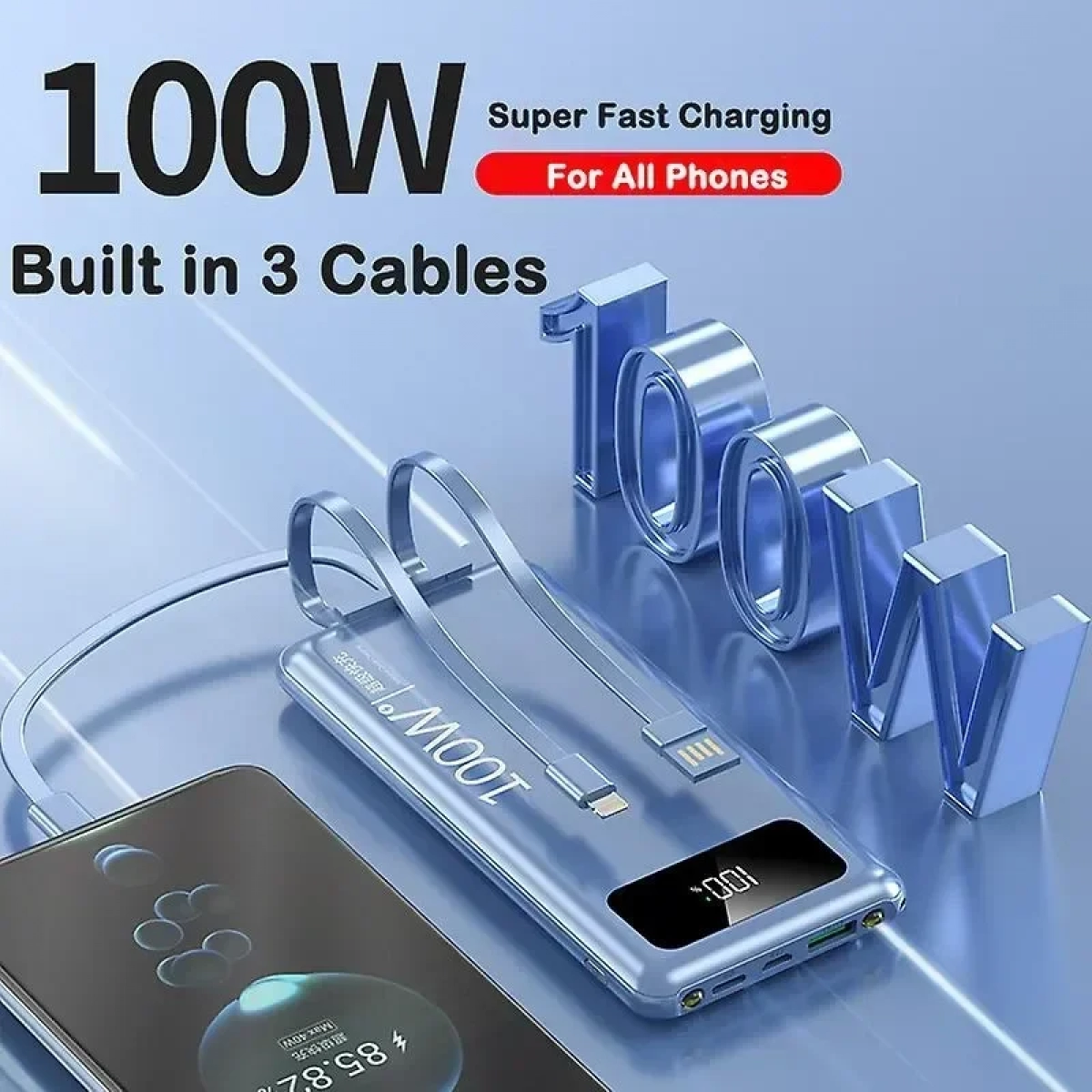Power Bank 100w 20000mah Super Fast Charger με ενσωματωμένο καλώδιο TM-A109 Μπλε