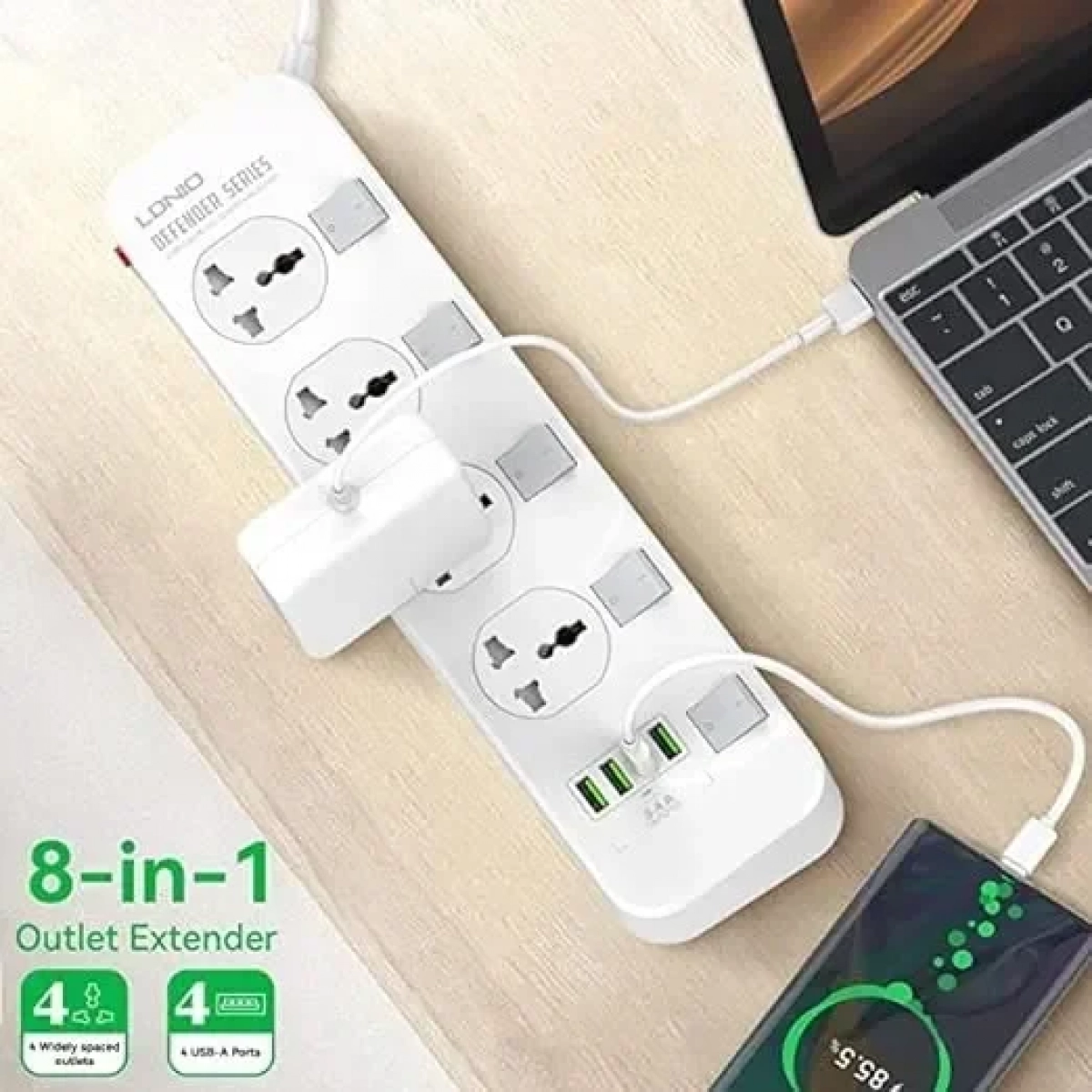 LDNIO Πολύπριζο με 4 Υποδοχές & 4 Θύρες USB AUTO-ID 2500W