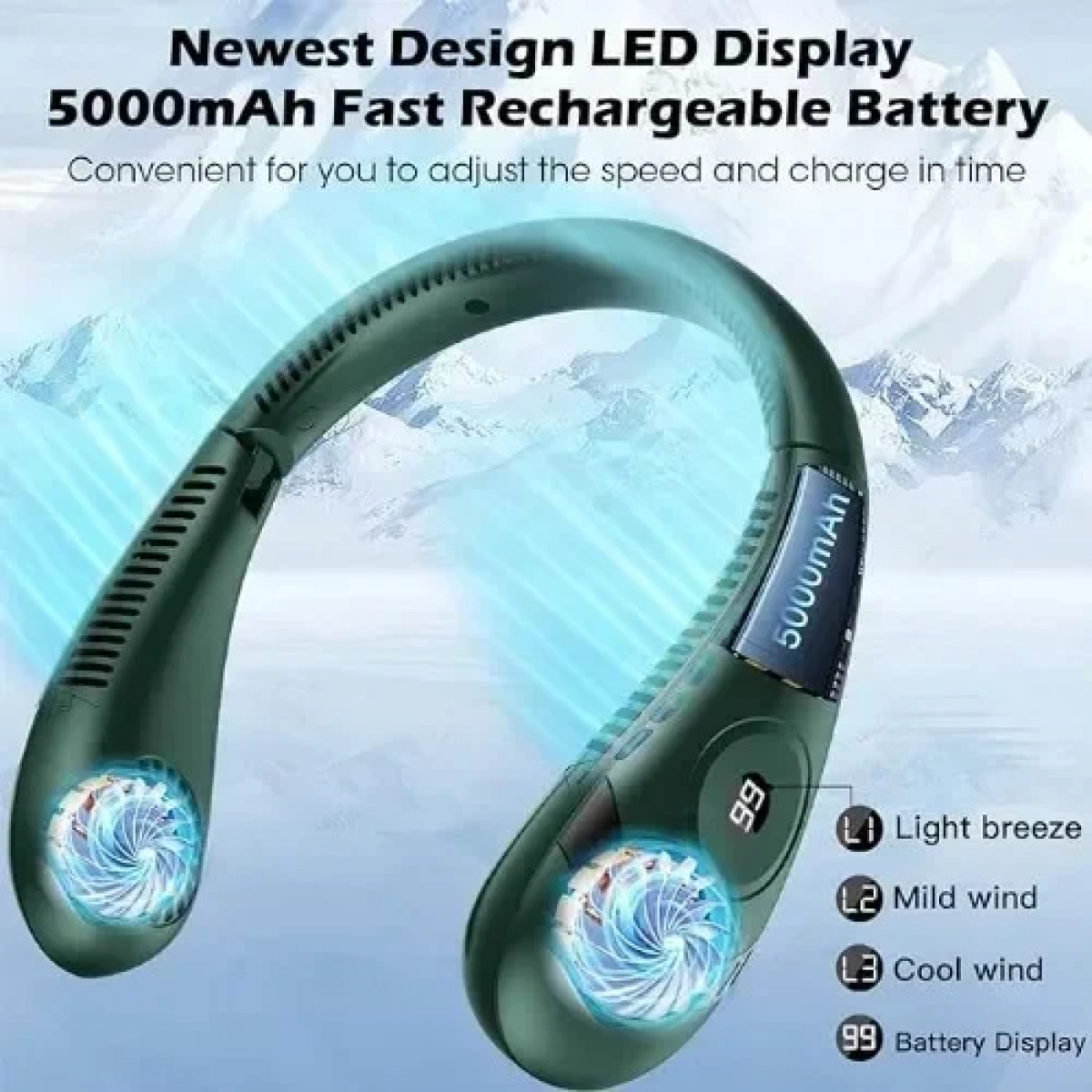 Σπαστός Αθόρυβος Ανεμιστήρας Λαιμού 5000 mAh με 3 ταχύτητες - Πράσινο