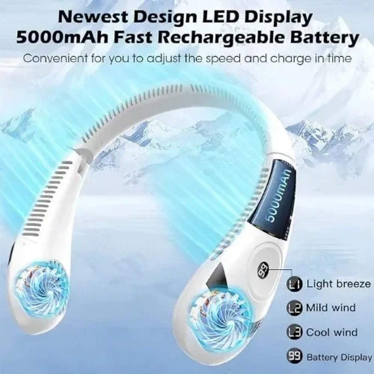 Σπαστός Αθόρυβος Ανεμιστήρας Λαιμού 5000 mAh με 3 ταχύτητες - Λευκό