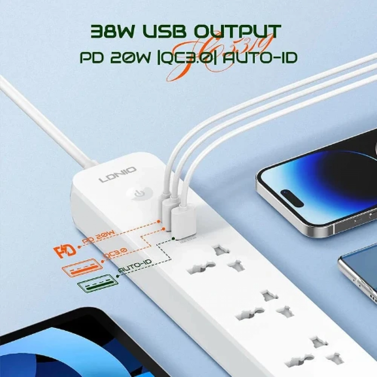 LDNIO SC5319 Πολύπριζο 2500W 5AC+2Α+1C Universal με Καλώδιο 2m - Λευκό