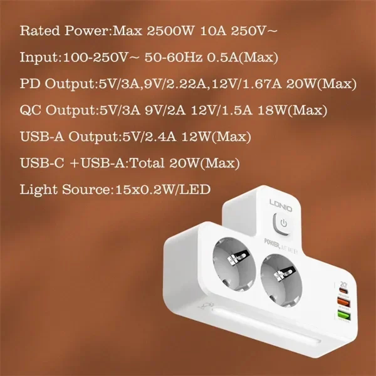 Φορτιστής USB PD 5 θυρών 20W με 2 εξόδους ΕΕ+2USB-A+USB-C PD QC3.0 γρήγορης φόρτισης & LED φως LDNIO SE2337
