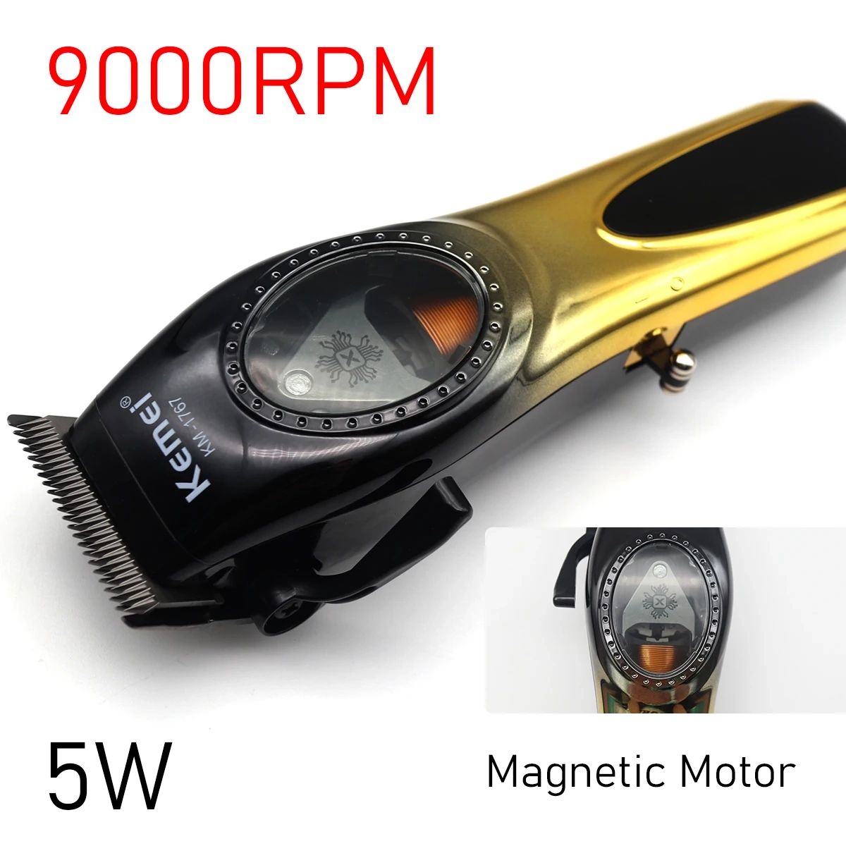 Επαγγελματική Κουρευτική Μηχανή 9000rpm Επαναφορτιζόμενη με ένδειξη μπαταρίας Kemei KM-1767 Χρυσή