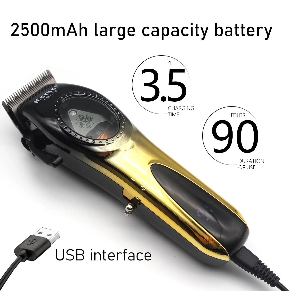 Επαγγελματική Κουρευτική Μηχανή 9000rpm Επαναφορτιζόμενη με ένδειξη μπαταρίας Kemei KM-1767 Χρυσή