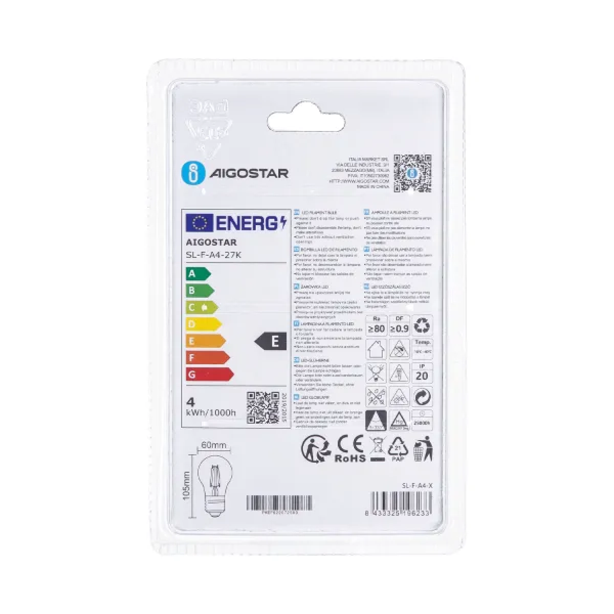 Λάμπα νήματος LED A60 ​​E27 4W 2700K Aigostar