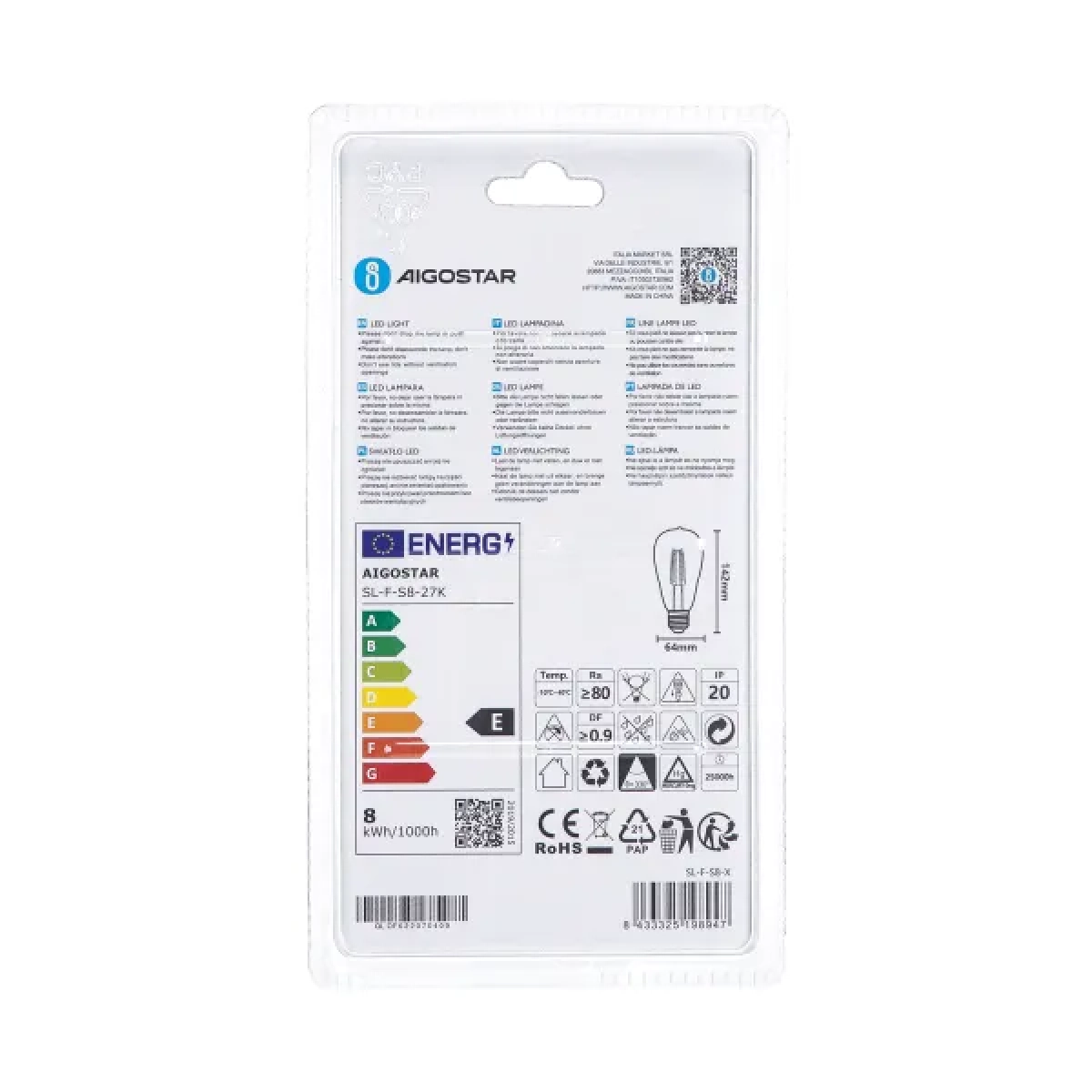 Λάμπα νήματος LED ST64 E27 8W 2700K Aigostar