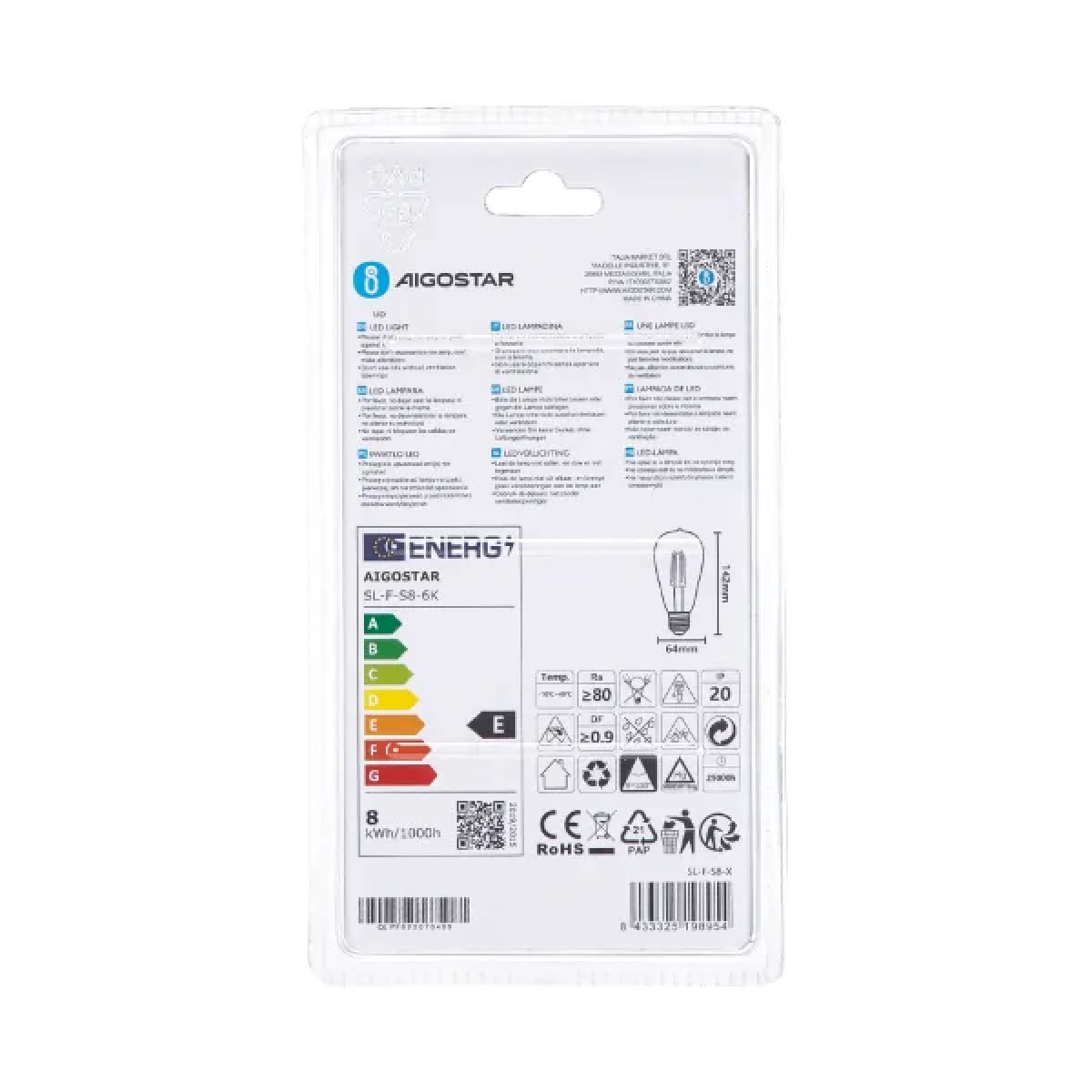 Λάμπα νήματος LED ST64 E27 8W 6500K Aigostar