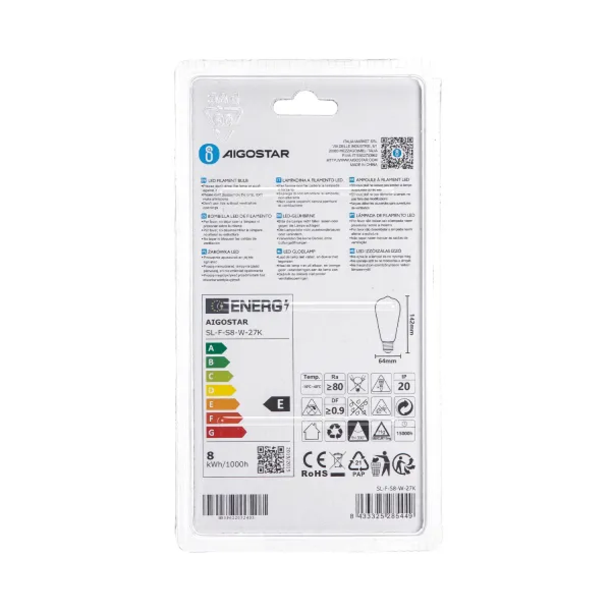 Λάμπα νήματος LED Milky White ST64 E27 8W 2700K Aigostar