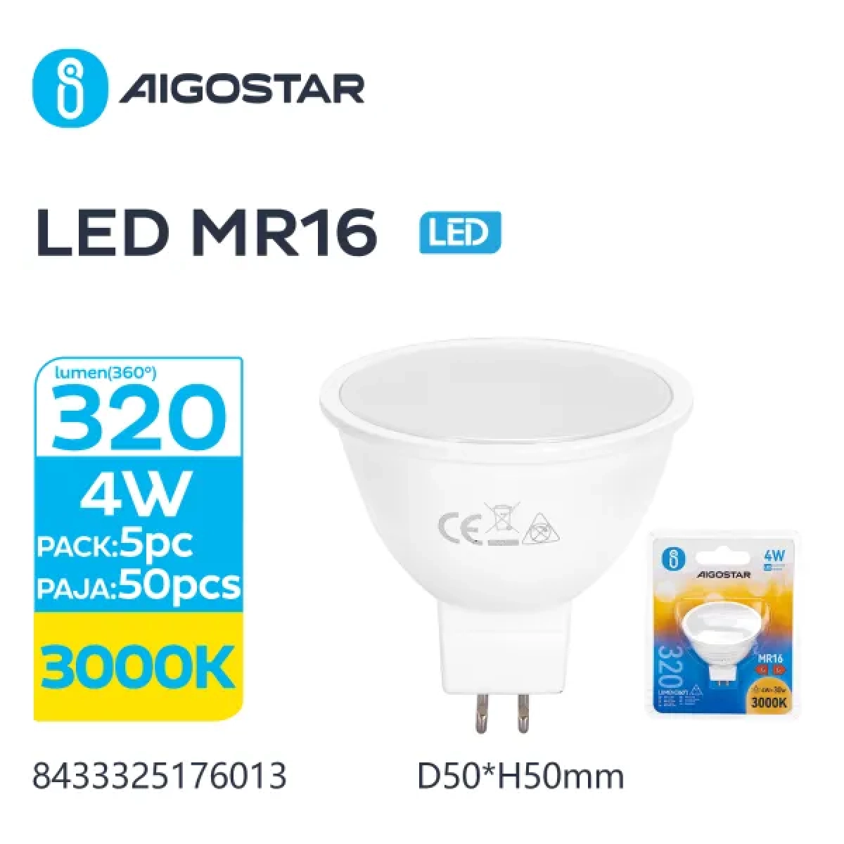 Λάμπα LED MR16 4W 3000K Aigostar