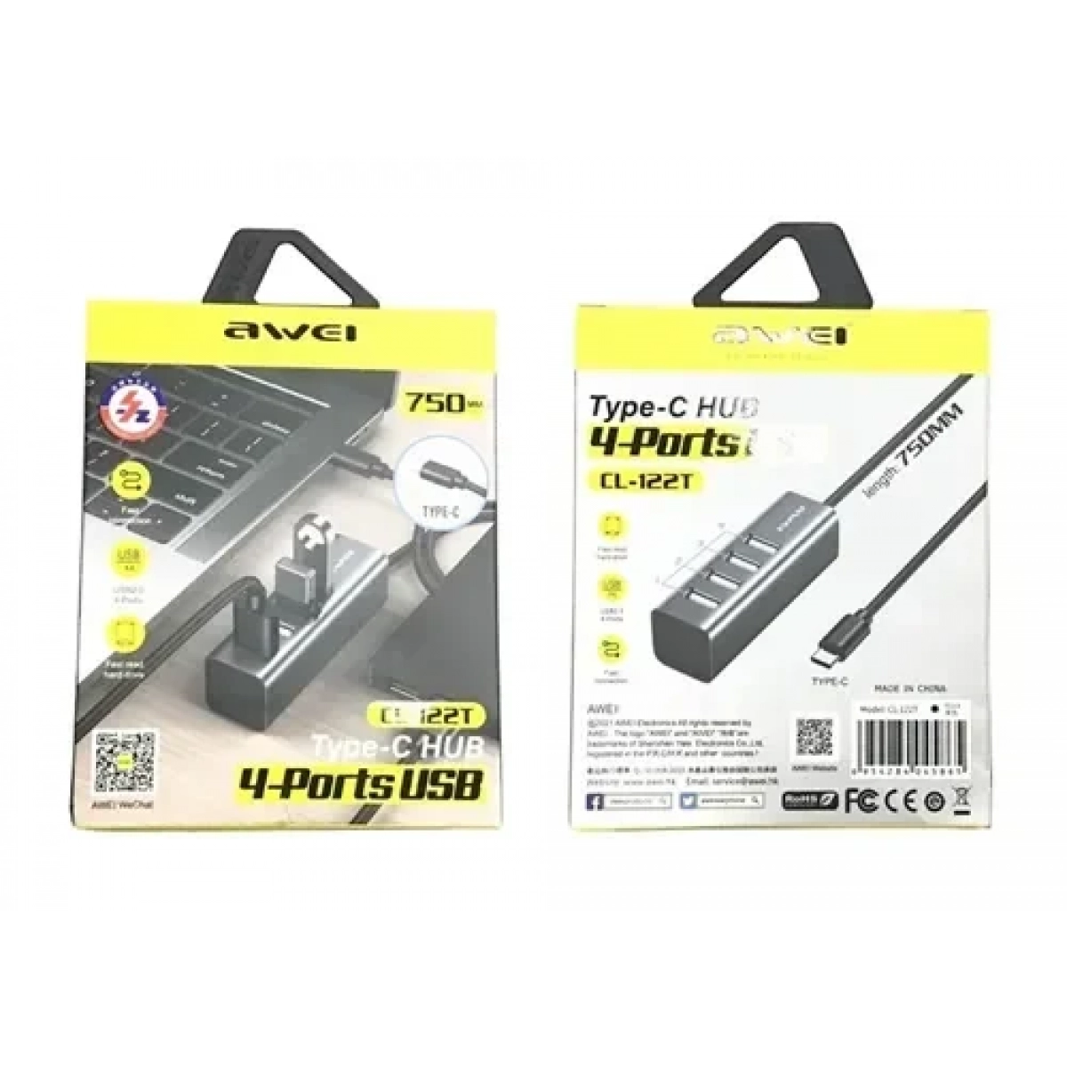 Αντάπτορας USB 2.0 Hub με 4 θύρες Type-C CL-122T Awei - ασημί - Image 3