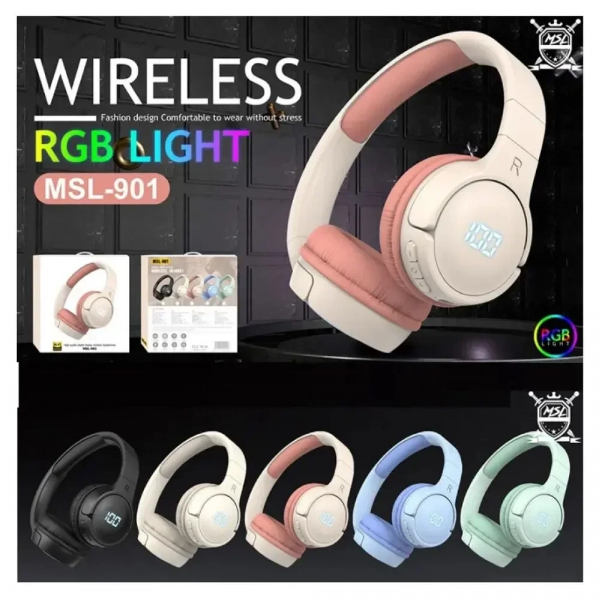 Ασύρματα Ακουστικά Bluetooth Over Ear με Υποδοχή TF - AUX και LED Φωτισμό MSL-901, Μαύρο - Photo2