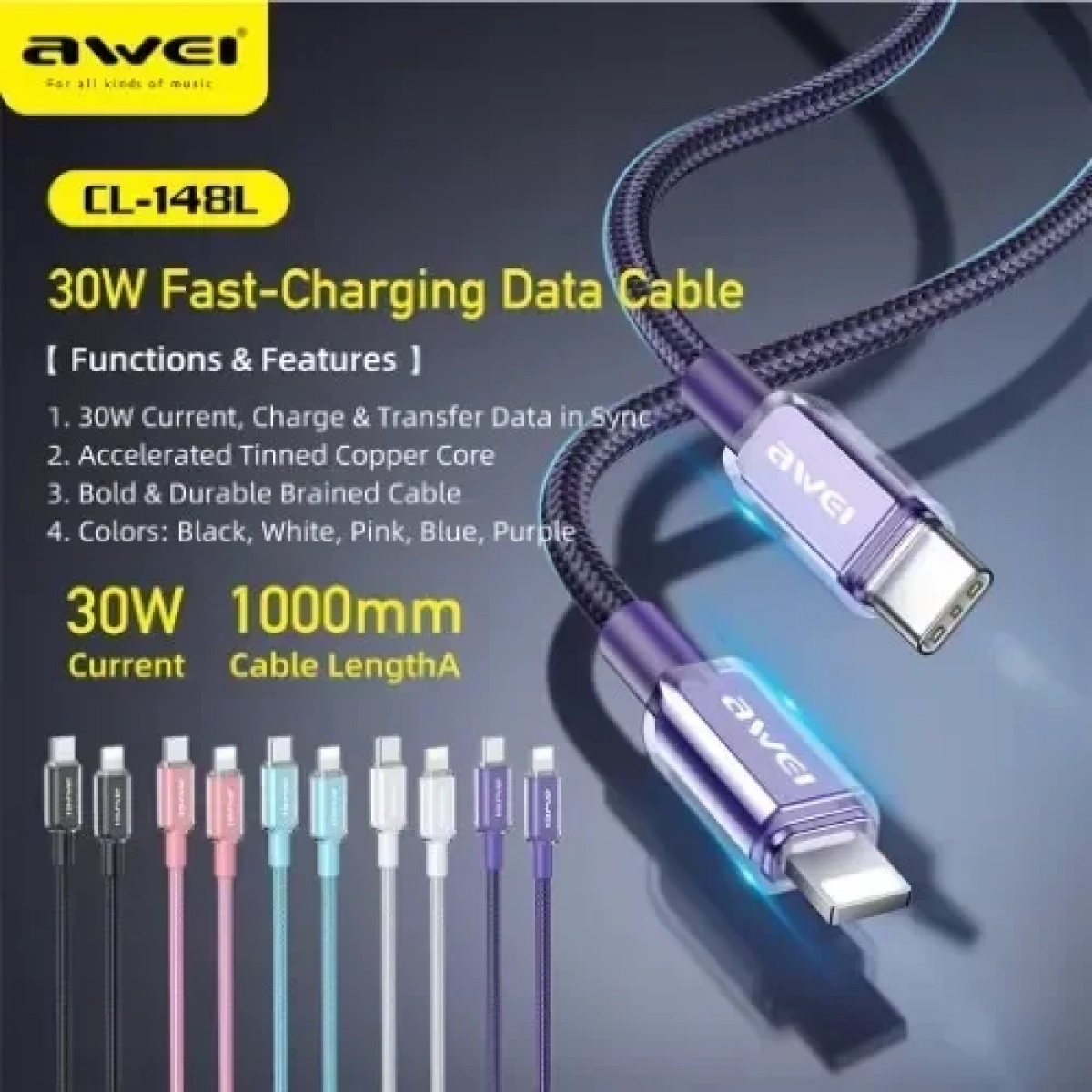 Awei CL-148L Καλώδιο Type-C σε Lightning Γρήγορη φόρτιση 30W