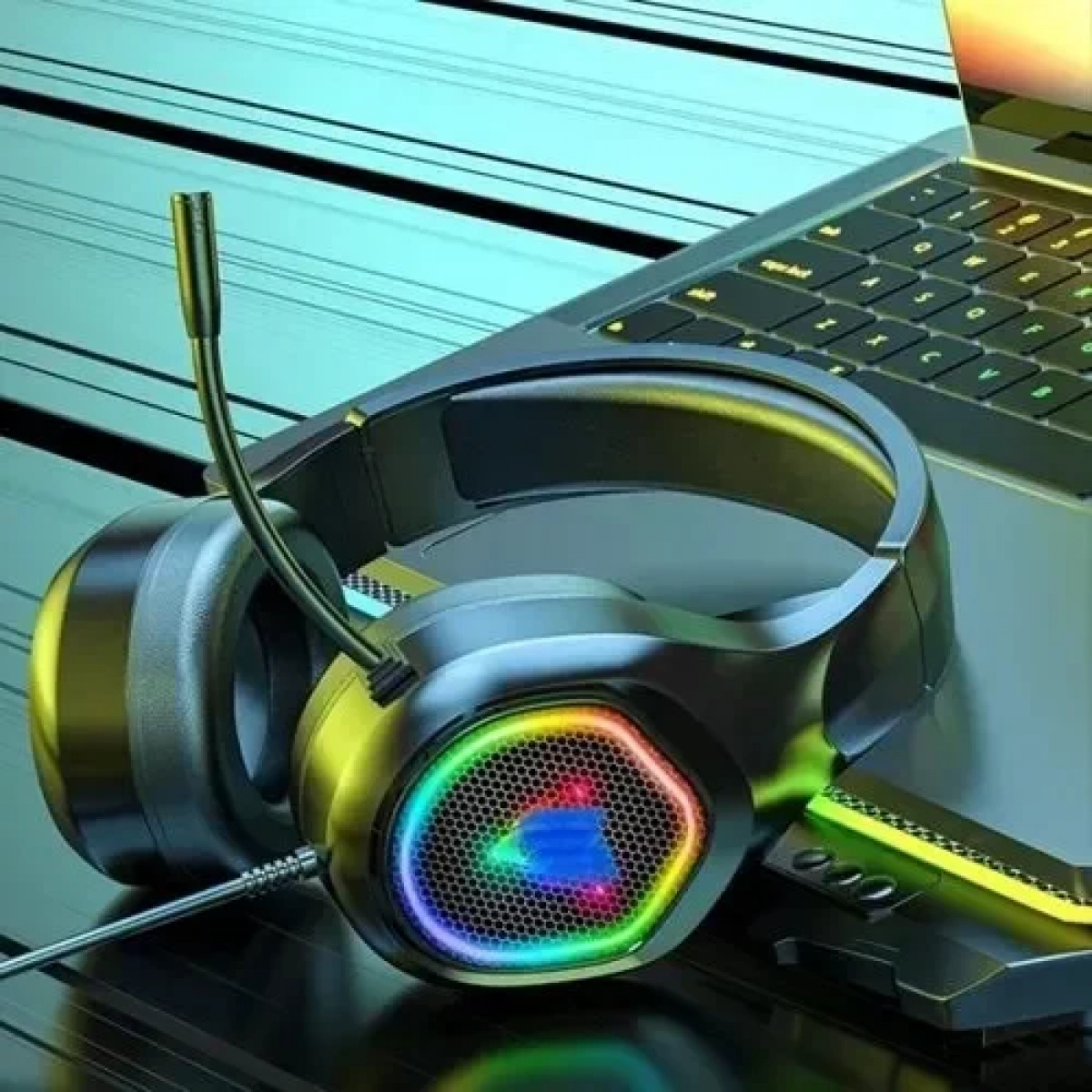 Ενσύρματα Gaming ακουστικά με μικρόφωνο και φωτισμό RGB Andowl Q-EJ660 μαύρα - Image 6