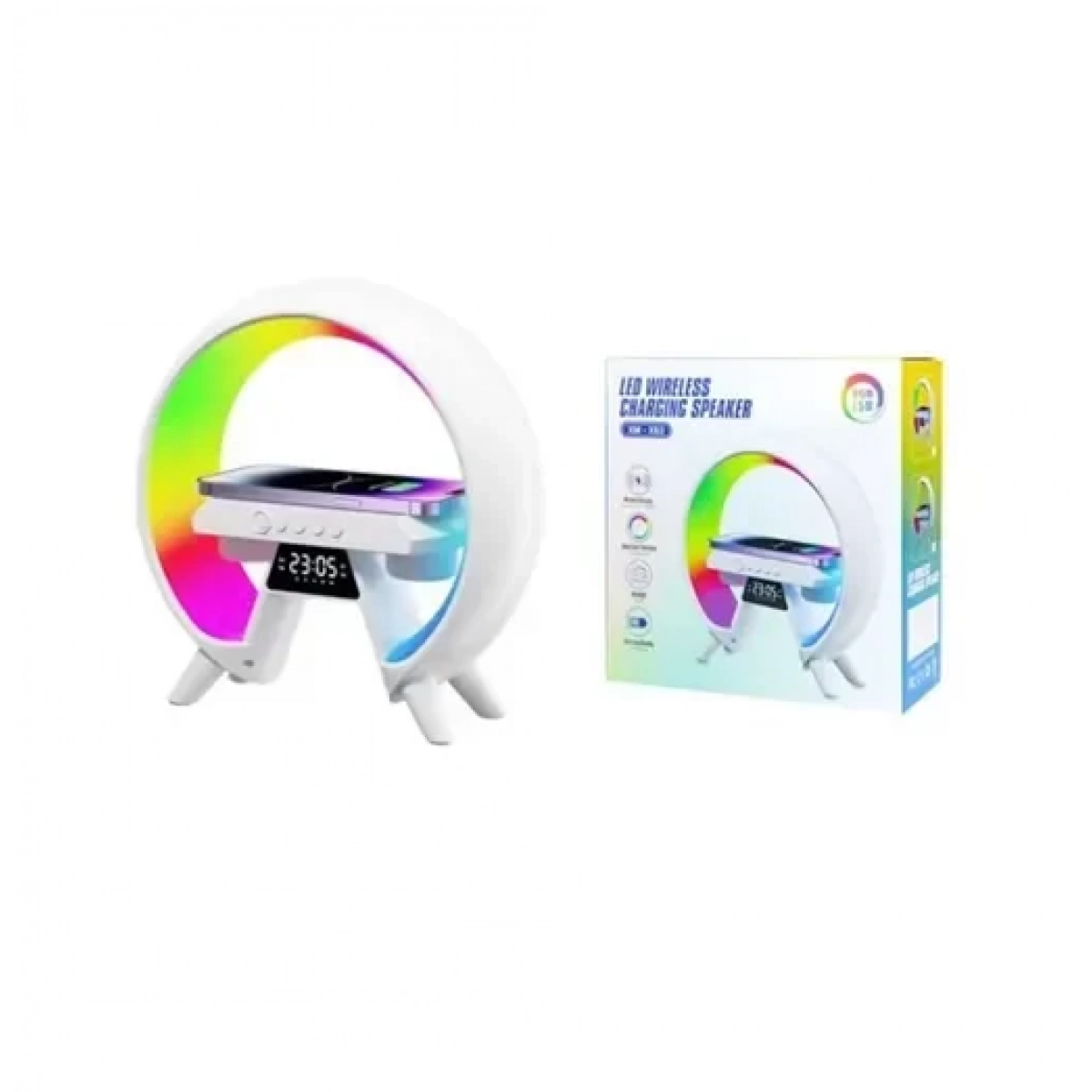 Φορητό ασύρματο ηχείο RGB 2 σε 1 με ασύρματη φόρτιση και ρολόι 15W XM-X63 - λευκό - Image 2