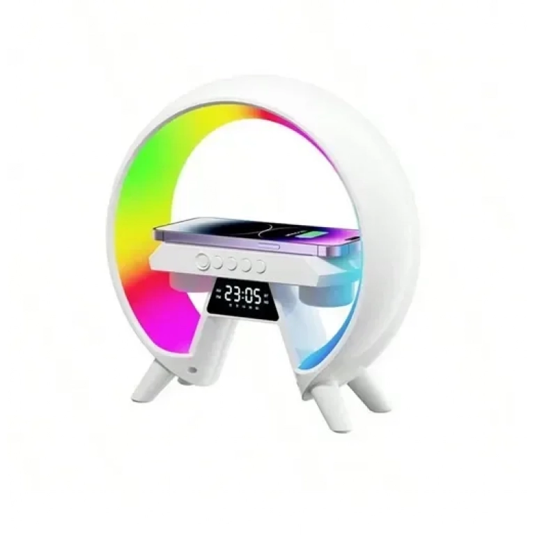 Φορητό ασύρματο ηχείο RGB 2 σε 1 με ασύρματη φόρτιση και ρολόι 15W XM-X63 - λευκό