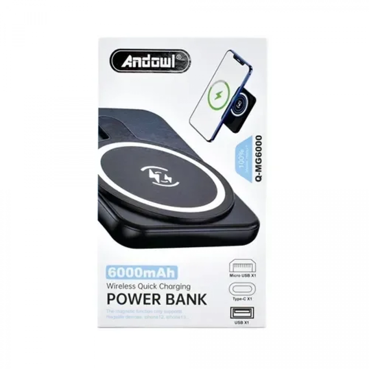 Power Bank ασύρματης φόρτισης 6000mAh USB Type-C Andowl Q-MG6000 – μαύρο - Image 3