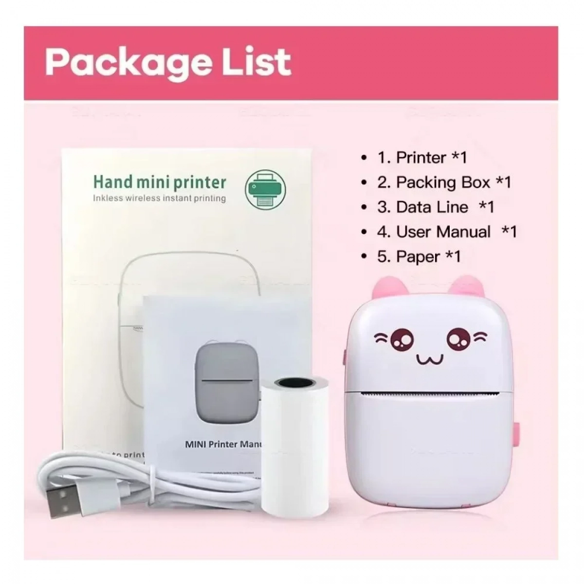 Μίνι θερμικός εκτυπωτής με Bluetooth Mini Printer λευκό - ροζ