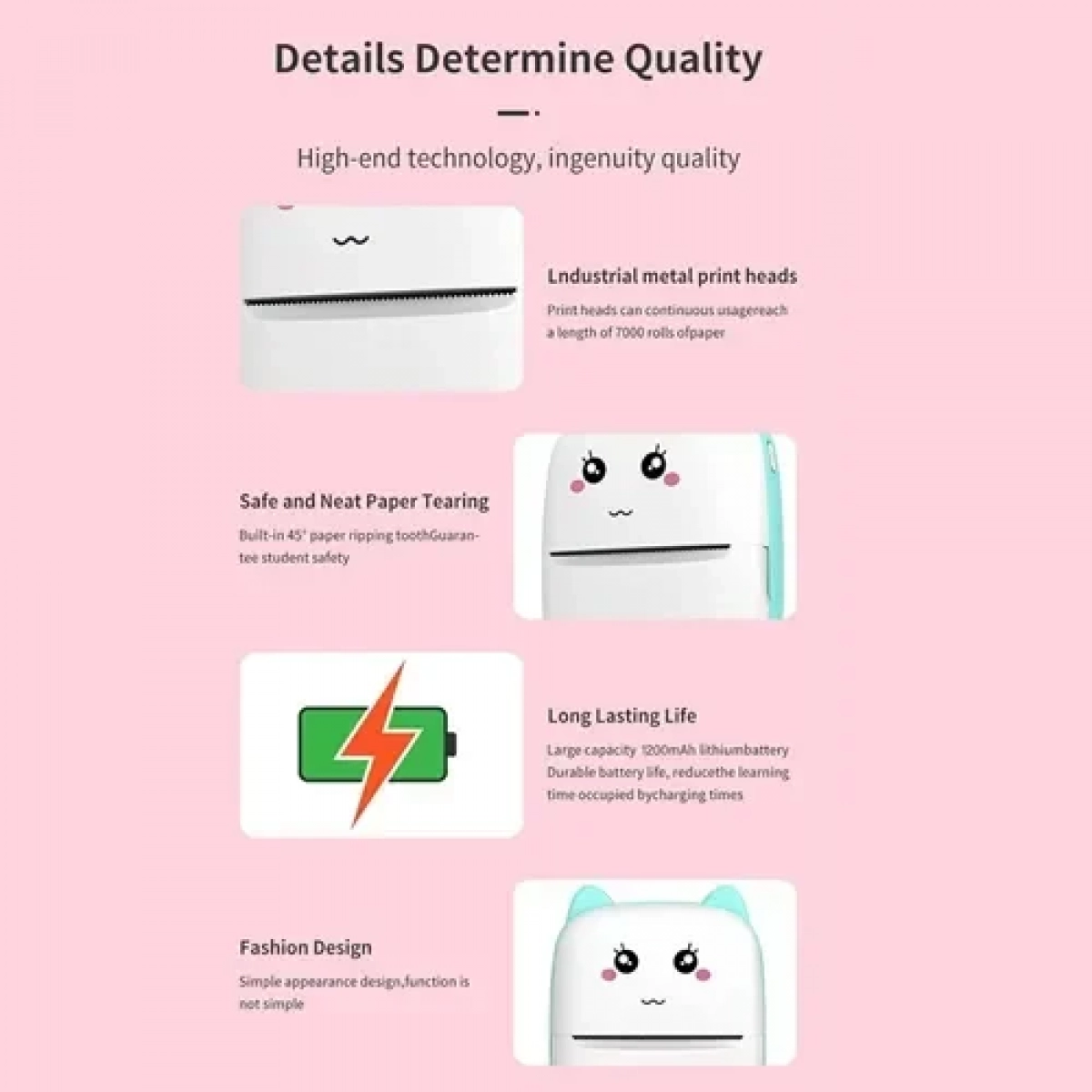 Μίνι θερμικός εκτυπωτής με Bluetooth Mini Printer λευκό - ροζ - Image 3