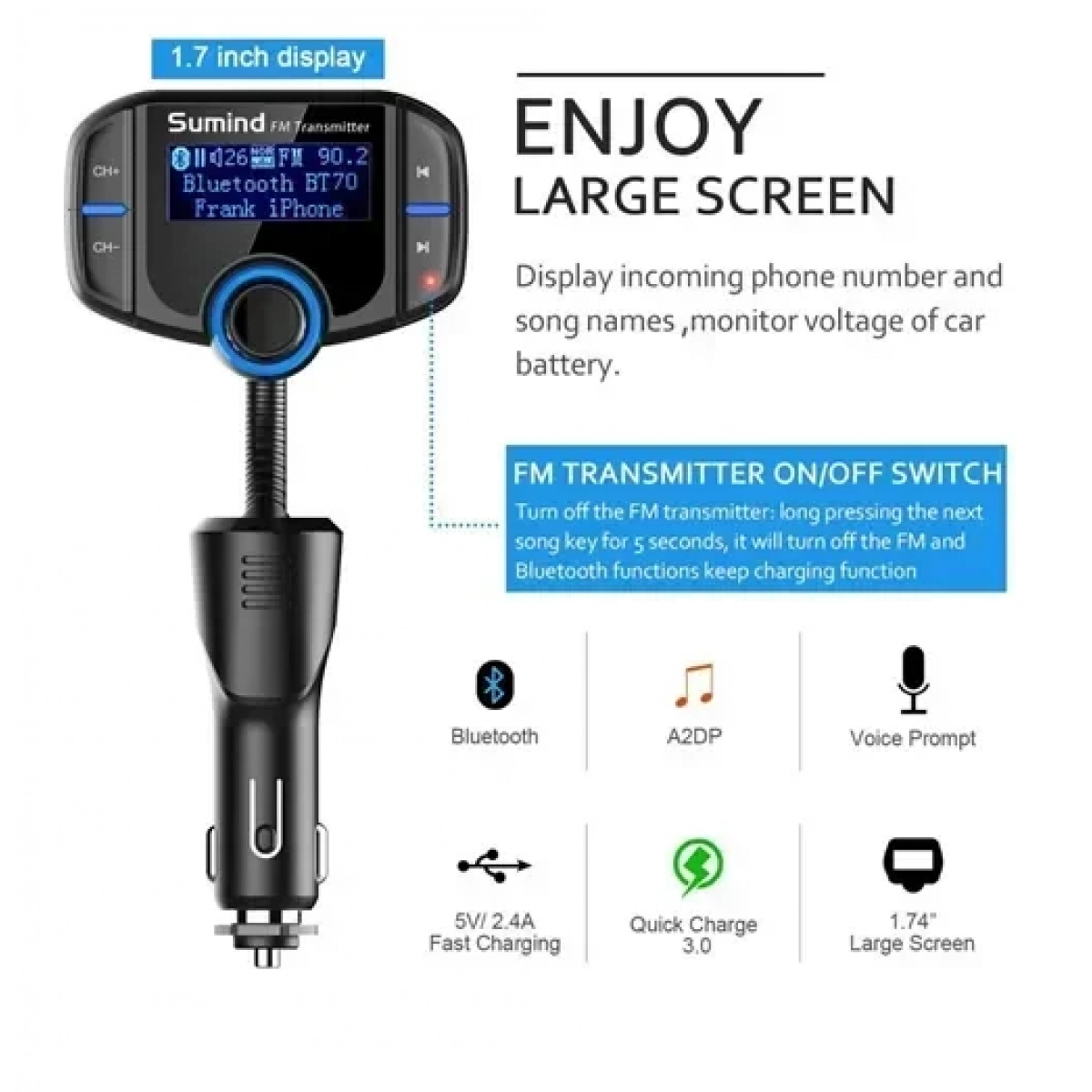 Πομπός αυτοκινήτου FM Transmitter Bluetooth με υποστήριξη φόρτισης QC3.0 & 5V/2.4A BT70 - Image 3