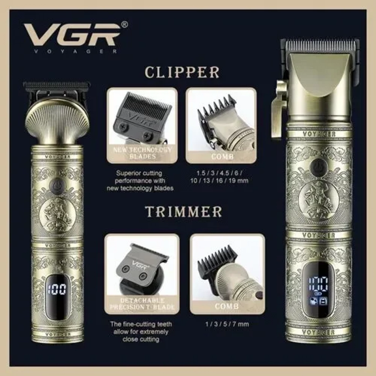 Σετ 2 επαγγελματικών κουρευτικών μηχανών VGR V-670 χρυσό - Image 3