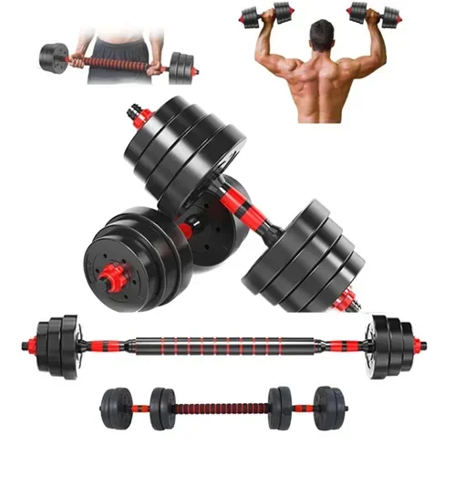 Σετ 2 Σε 1 Γυμναστικής Με Μπάρα Και Αλτήρες 10Kg Με Αντιολισθητικές Λαβές - Κόκκινο/Μαύρο