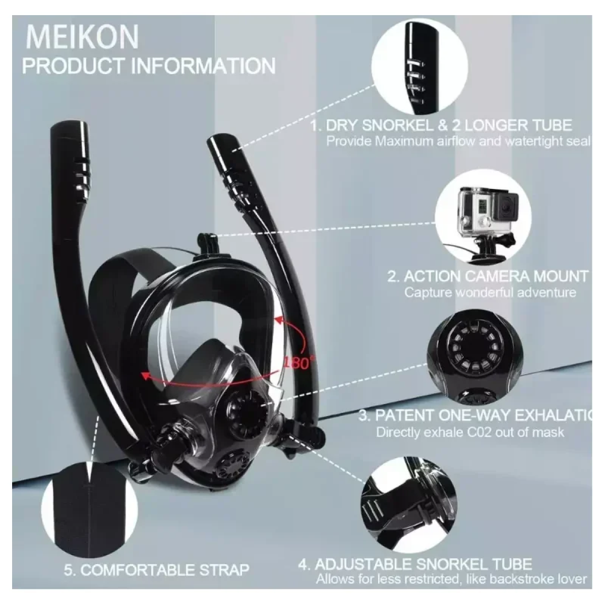 Full Face Snorkel Mask Ολοπρόσωπη Μάσκα Θάλασσας με 2 Αναπνευστήρες & Βάση για Action Camera HJKB K2 - Μαύρη S/M